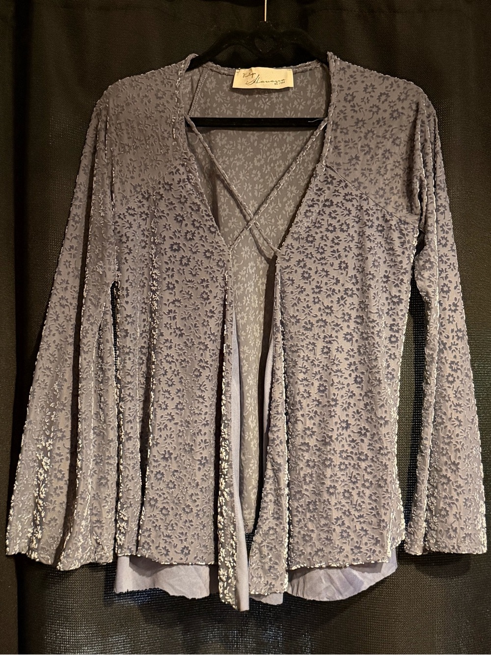 Y2K Inspired ‘Vintage Havana’ Women’s Dusty Blue Floral Velvet Burnout Blouse
